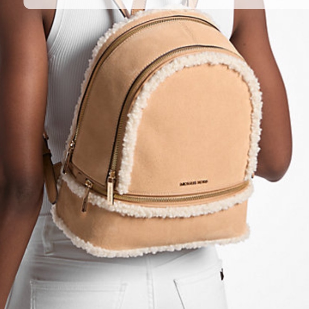 MICHAEL KORS Rhea Medium Suede and Faux Shearling Backpack
Peanut 
NWT - Picture 7 of 16